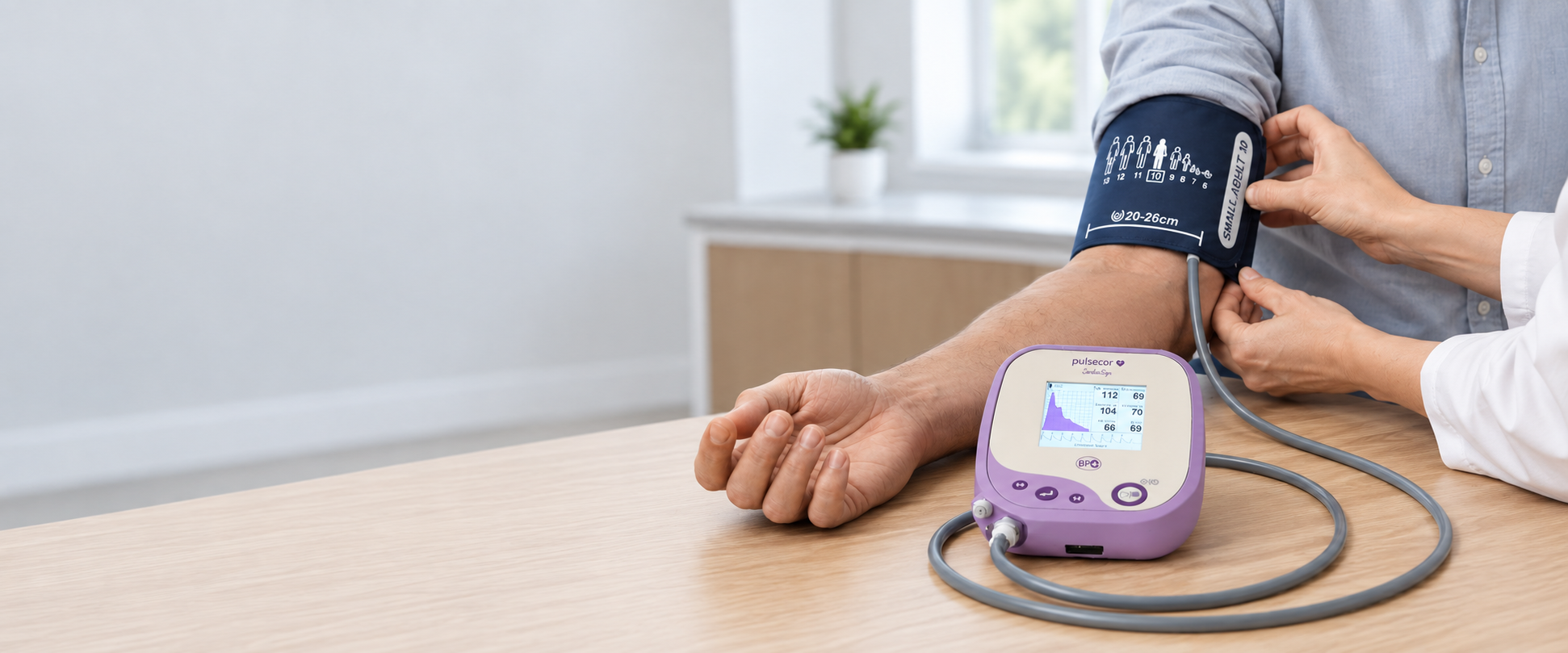 A Pulsecor BP+ monitor and upper-arm cuff being used for a non-invasive cardiovascular measurement