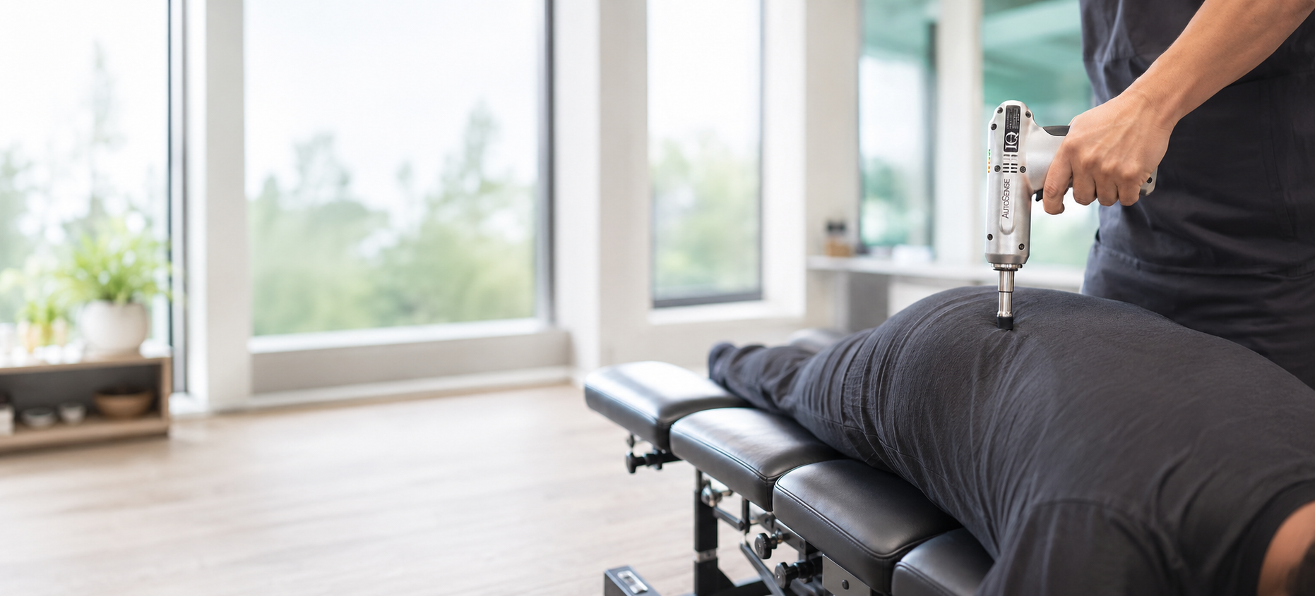 Impulse IQ chiropractic instrument being applied to a clothed patient’s back