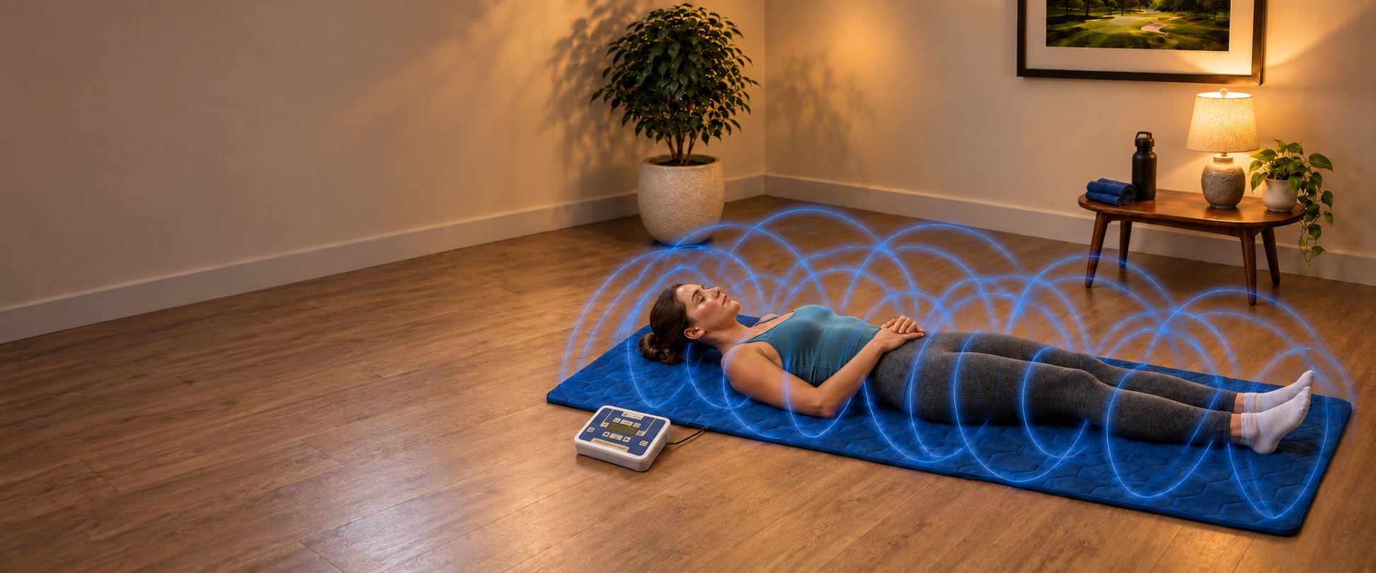 Woman relaxing on a navy Sano HomeQure mat beside its control unit, with an illustrative electromagnetic field