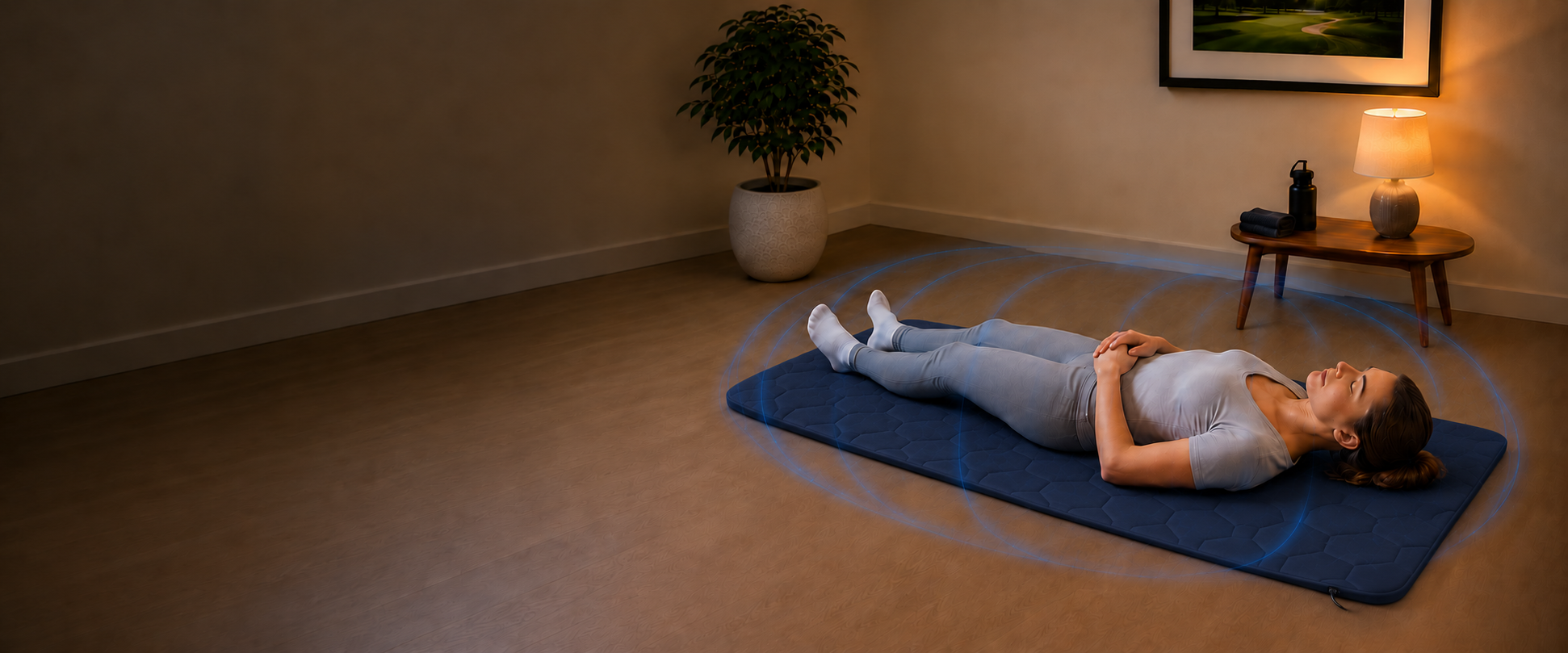 Woman relaxing on a slim, hexagon-quilted whole-body PEMF mat with a subtle illustration of an electromagnetic field