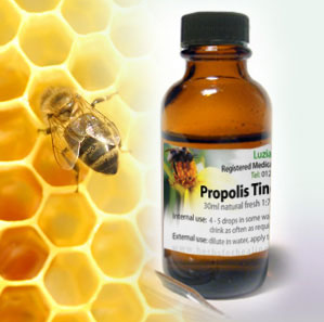 A 30 ml bottle of propolis tincture beside honeycomb